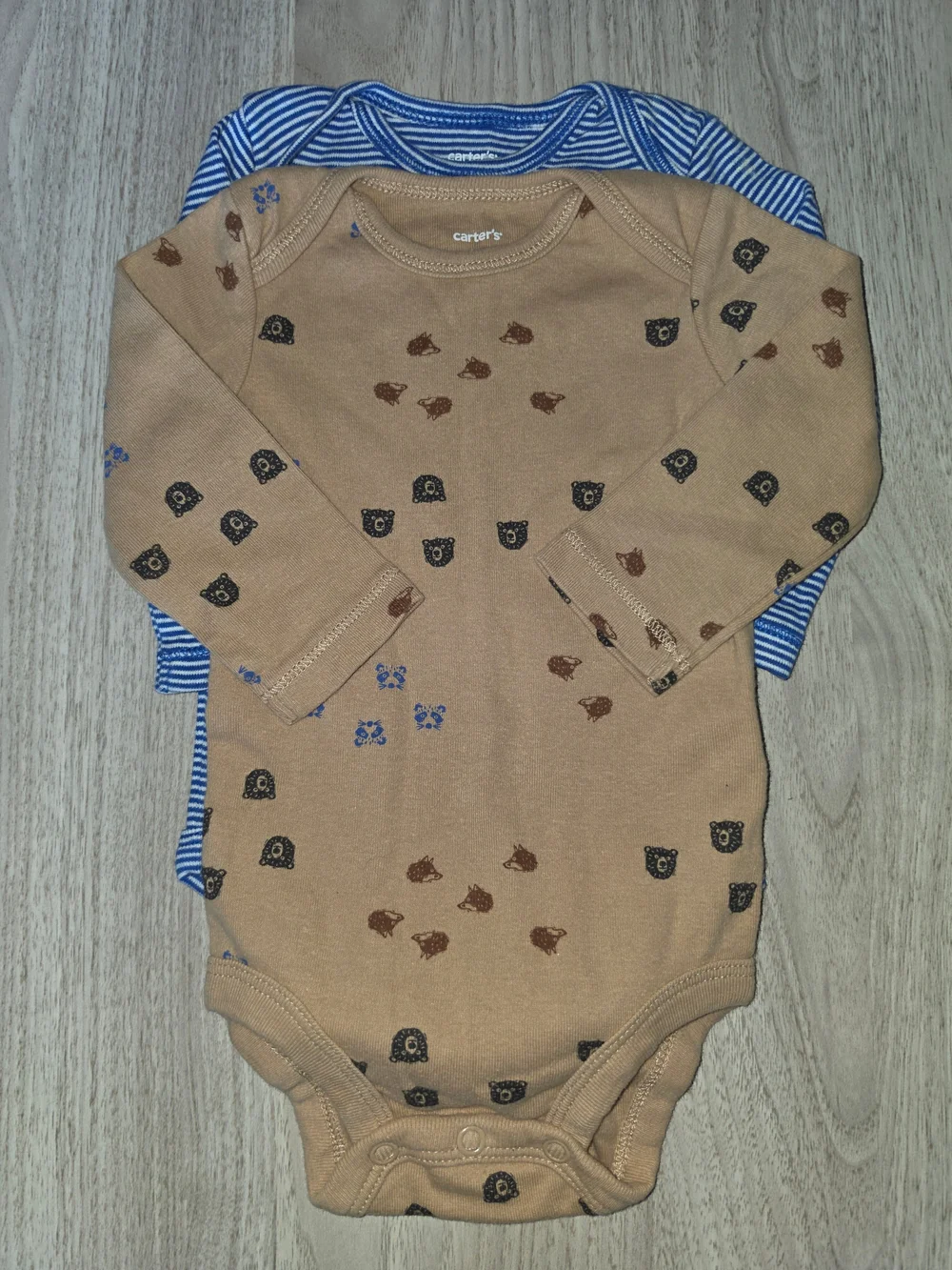 Carter's Tan Bear Print Bodysuit, Blue Striped Top & Black Pants Set